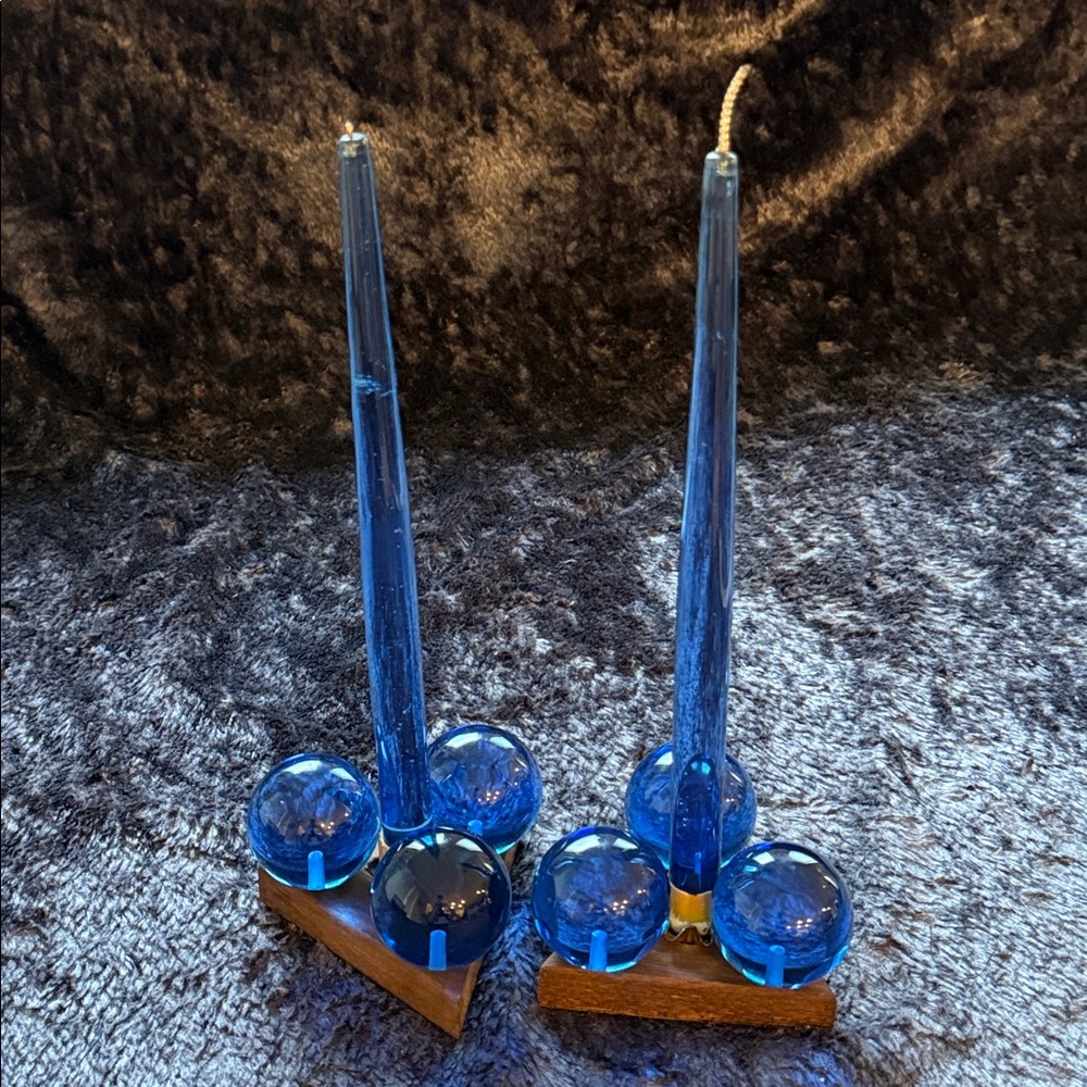 Vintage 60s BLUE Lucite Ball Candle Holders with Matching 11” Lucite Candles 💙